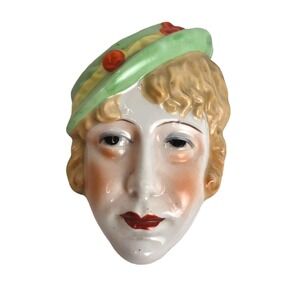 Antique Art‎ Deco Lady Face Wall Pocket Hanging 1930's Green Hat Made In Japan